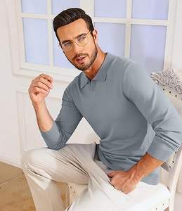 Gingtto pour chemises d'hiver décontractées, tricot 3D sans col, séchage rapide, élégant, coton mercerisé, manches longues, logo personnalisé, teinture en pièce - Product Image 3