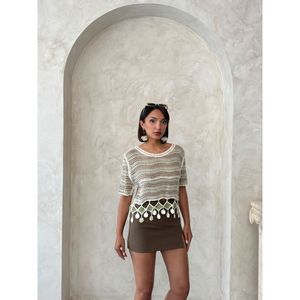 Blusa de malla verde esmeralda Topshow con dobladillo de pompones, elegante top de punto informal para mujer al por mayor para uso diario - Product Image 2