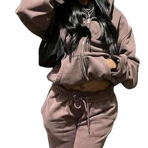 Trajes de sudor lavados con ácido personalizados, chándales gruesos con cremallera completa y lavado con ácido, sudaderas con capucha y pantalones de chándal con bordado desgastado - Product Image 6