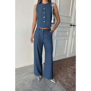 Indigo for TENCEL Sleeveless Jumpsuit Set <b>Shirt</b> and Trousers for <b>Parties</b> - Product Image 5