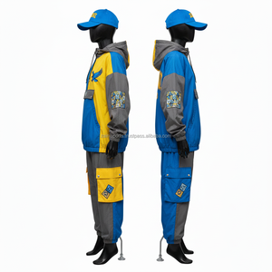 Ensemble coupe-vent pour femmes en polyester de qualité supérieure, blocs de couleur bleu, jaune, gris, avec logo personnalisé brodé, coupe-vent grande taille - Product Image 3