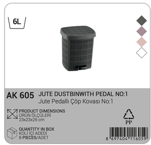 Poubelle carrée en plastique Afossa 6L avec pédale, couvercle, écologique, pour la maison, la cuisine, les toilettes, le bureau, gain de place, durable, en PP et jute - Product Image 6