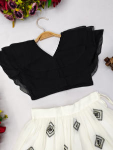 Shoryam Fashion Kids Girls Ethnic <b>Lehenga</b> Choli Set White Embroidered Elephant Skirt Black Designer Ruffle <b>Top</b> Party - Product Image 3