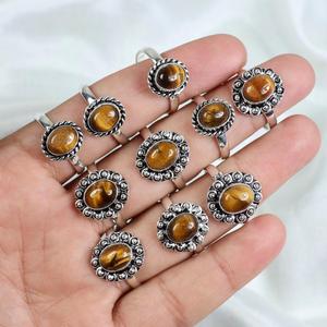 Anillo de ojo de tigre natural para mujer, anillo de declaración para niñas, suministro de joyería de boda, anillos de cabujón de ojo de tigre, lote plateado - Product Image 1