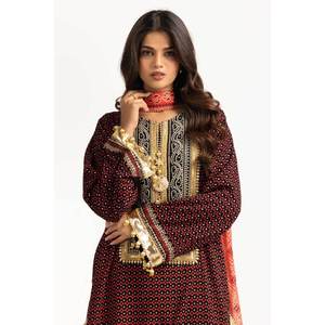 IUSTKSD-732 Ensemble 3 pièces décontracté pour femme en mousseline de soie imprimée laquée or, brodé, manches longues, pour l'été - Élégant pour occasions festives - Product Image 1