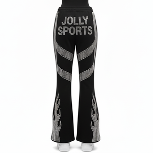 Women Flare Pant premium 260 GSM polyester spandex fabric black rhinestone hotfix side panels custom logo Women's Pant - Product Image 6