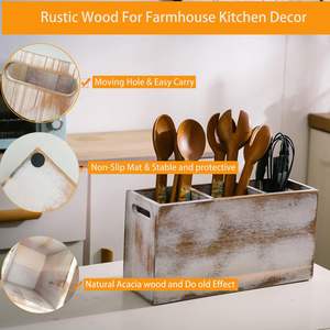 White <b>Kitchen</b> <b>Utensil</b> Holder Large <b>Utensil</b> Organizer Cooking Tools Storage for <b>Kitchen</b> Counter Acacia <b>Wooden</b> 3-Compartment - Product Image 4
