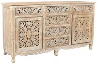 Buffet rustique en teck massif sculpté à la main, écologique, durable, design floral, sablé, meuble vintage pour chambre à coucher