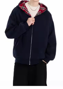 Zipper Plaid <b>Jacket</b> <b>Men</b> Boxy Heavyweight Drop Shoulder Striped Double Layer Reversible <b>Flannel</b> Hoodie - Product Image 2