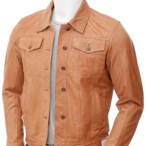 Veste en cuir de mouton beige clair pour homme, style décontracté urbain, col montant, imperméable et respirante, vente en gros - Product Image 1