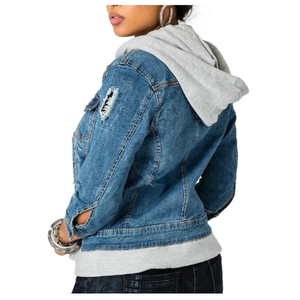 Veste en jean d'hiver élégante pour femme, motif à carreaux, effet usé, capuche, manches longues, boutons décoratifs - Product Image 3