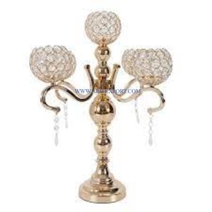 3 Arms Table Decoration Large Size Gold Polished Metal and Crystal Stylish <b>Candelabra</b> Best Quality Unique <b>Candelabra</b> in India - Product Image 1