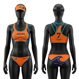 Uniforme de volley-ball de plage pour femmes, tissu extensible respirant en polyester et élasthanne GSM, design à panneaux dorés et noirs, logo personnalisé par sublimation - Product Image 5