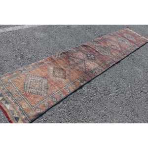 พรมวินเทจตุรกี ขนาด 2.4x11.4 ฟุต พรมเฮอร์กี สีน้ำตาลแดงลายตารางหมากรุก ทำจากขนสัตว์ - Product Image 2