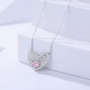 2024 Birthday Gift 925 Sterling Silver Big Heart Necklace Cz Pave Pink Zircon Heart Shape Pendant Necklace For Women