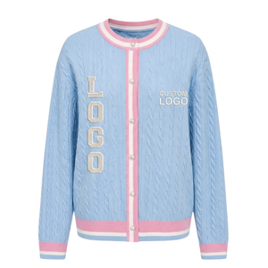 Wholesale Custom Logos Acrylic Striped Cable Knit Sorority Crew Neck Varsity <b>Cardigan</b> Embroider Patches High Quality - Product Image 1