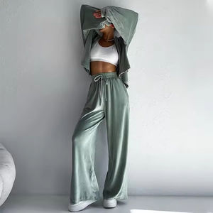 Nouveautés Automne Ensemble deux pièces pour femme : Veste décontractée zippée à manches longues avec capuche et pantalon large élastique - Product Image 1