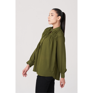 Camisa de Mujer con Botones y Fruncido Olive, Tallas S/M/L/XL/2XL - Product Image 1