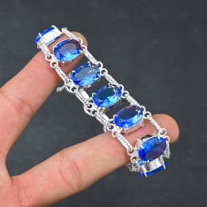 Designer 925 Silver Plated Lab-Created <b>Blue</b> <b>Topaz</b> <b>Bracelet</b> Handmade Fine Jewelry for Engagement or Gift 7-8 Inches Chain Style - Product Image 2