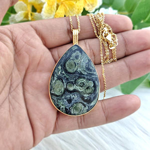 Women's fashion natural kambaba jasper long teardrop pendant necklace 18k gold plated cable chain adjustable needle necklace - Product Image 2