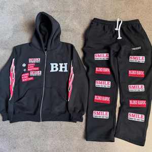 Men's 100% Cotton 450gsm Flees 2 Piece Sweat <b>Suit</b> Screen Print With Embroidery Zip Up Hoodie Sweat <b>Pant</b> Wholesale - Product Image 5