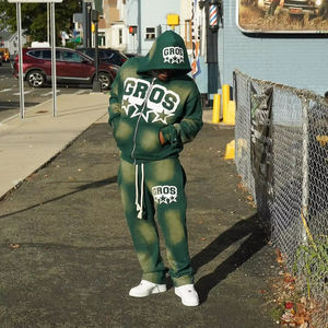 Trajes de sudor de lavado ácido personalizados, chándales con parche bordado con apliques gruesos de algodón, sudaderas con capucha y cremallera desteñidas por el sol, conjuntos de pantalones de chándal para hombres - Product Image 1