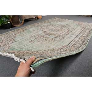 Alfombra turca Vintage de 5,4x8,6 pies, alfombra verde de lana Beige para sala de estar, respaldo de látex, Patchwork Aubusson para pasillo - Product Image 5