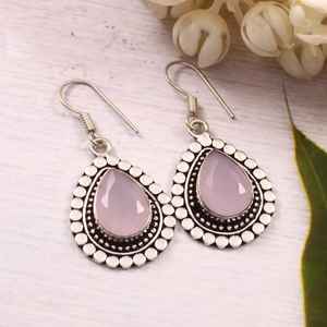 Pendientes Colgantes de Calcedonia Rosa, Plata de Ley 925, Diseño Minimalista, Joyería Hecha a Mano para Mujer, Proveedor Mayorista - Product Image 2