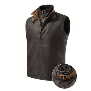 Breathable Winter Warm Men's Leather Vest V-neck <b>Covered</b> <b>Button</b> Closure Casual Outerwear High Quality 100% Polyester Filling - Product Image 1