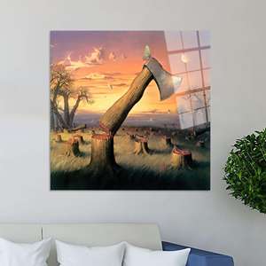 Impresión en Lienzo de Árbol y Hacha de Estilo Surreal Moderno, Obra de Arte Conceptual de la Naturaleza, ARTE EN VIDRIO TEMPLADO - Product Image 1