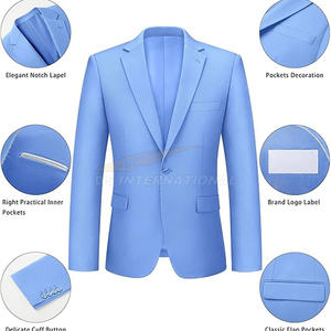 Luxury Slim Fit 2 Piece <b>Men</b> Suit <b>One</b> Button Formal Jacket and Pants for Groom Office Groomsmen Prom or Party Attire Sky Color - Product Image 2