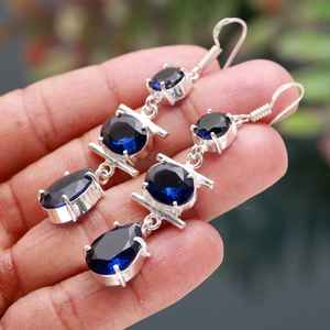 Pendientes de Iolita Facetada en Plata de Ley 925 Chapada en Oro, con Gema Azul, Joyería Solitaria Hecha a Mano, Regalo de Aniversario - Product Image 2