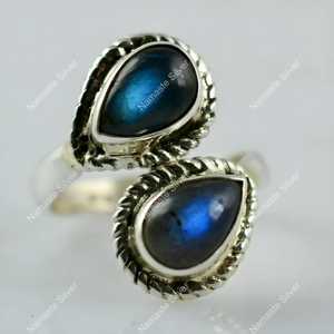 Labradorite Dual Gemstone <b>Ring</b> Gray <b>Statement</b> Piece 925 Sterling Silver Jewelry Inlay Setting Perfect Anniversary Gift - Product Image 1