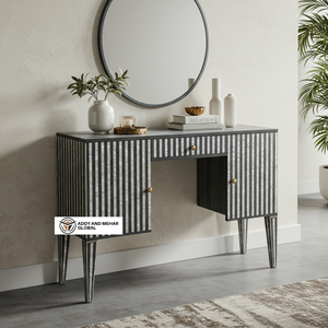Mueble de Consola para Sala de Estar con Incrustaciones de Nácar Ecológico Hecho a Mano, con Cajón, Diseño Moderno a Rayas - Product Image 1