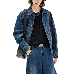 Veste en jean à manches longues pour homme, logo personnalisé, couleur contrastée, jean bleu ample, jean délavé, veste en jean patchwork pour homme - Product Image 3