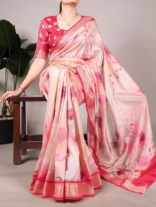 ชุดส่าหรีผ้าไหมลายดอกไม้สุดอินเทรนด์เสื้อเบลาส์เนื้อผ้าวิสคอส - Product Image 2