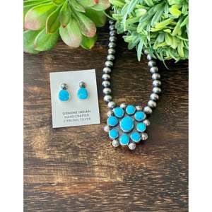 Kingman Turquoise <b>and</b> Sterling <b>Silver</b> Cluster Pendant <b>and</b> <b>Earring</b> <b>Set</b> Fine Jewelry <b>Set</b> - Product Image 1