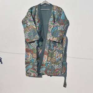 Handmade Boho Kantha Coat for Women Long Cotton Kimono <b>Quilted</b> Indian Robe with Colorful Grey Paisley Pattern Best Winter Gifts - Product Image 1