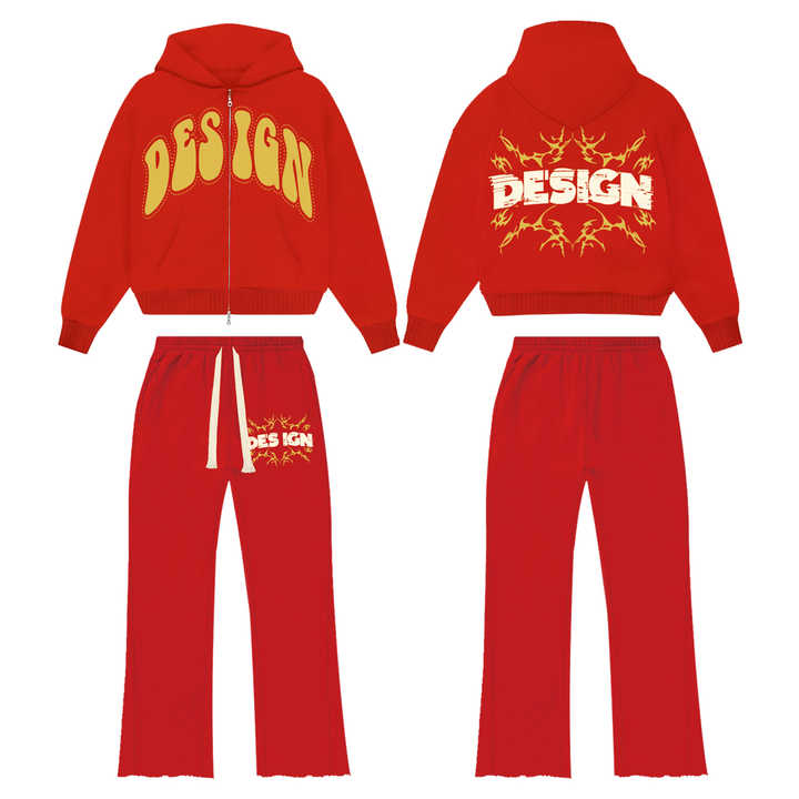 2025 Wholesale Best Custom Logo Double Zipper Hoodie and Flared Sweatpants Set Pink Tracksuit for Men 100% Cotton for Winter