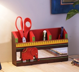 Brown and Red Elephant Three Compartment Desk Organiser/ pen Holder <b>desktop</b> Pencil Cup Office Supplies <b>Organizer</b> Caddy Stand - Product Image 2