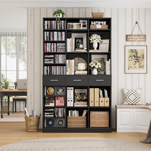 Vetrina Espositiva Grande in Legno Nero con 3 Cassetti, Libreria e Vetrina Contenitore per Casa, Ufficio, Soggiorno - DR530 - Product Image 1