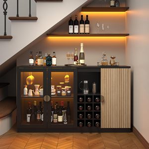Buffet moderne noir en gros avec éclairage LED, portes en bois cannelé, casier à vin, et station de bar à café - Product Image 4