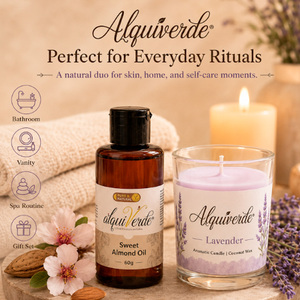 Kit de rituel de sommeil à la lavande Alquiverde - Pot en verre artisanal avec 60g d'huile d'amande douce et 70g de bougie à la lavande - Prix abordable - Product Image 1
