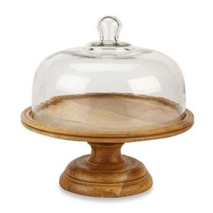 Round Shape Wooden Cake Stand <b>with</b> Brass <b>Dome</b> Lid and <b>Glass</b> Cover Luxury Design Acacia Wood <b>Base</b> - Product Image 5