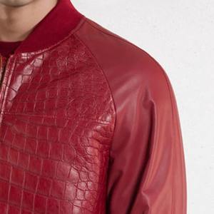 Chaqueta corta de cuello vuelto de cuero genuino para hombre de color rojo oscuro en relieve de piel de oveja de alta calidad impermeable de moda británica - Product Image 4