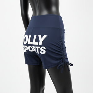 Shorts de sport pour femmes en nylon et élasthanne extensible, bleu marine, avec logo personnalisé par transfert thermique sur les côtés ajustables. - Product Image 5