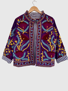 Veste en velours violet brodée, manches longues, col mandarin, broderie florale faite à la main, vêtement d'automne pour adulte - Product Image 4