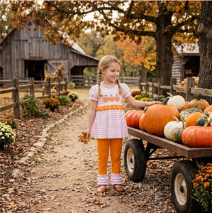 Robe rayée à volants pour filles avec applique citrouille, sans manches, en Spandex/Polyester, ensemble décontracté écologique, pantalon orange, rose, blanc - Product Image 6