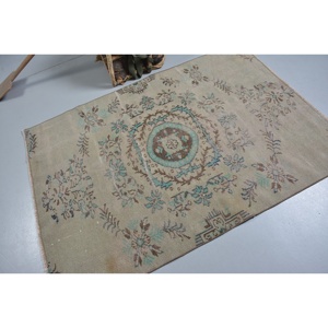 Alfombra de lana azul Beige tradicional clásica de 4,2x5,9 pies, patrón de pasillo rectangular turco Vintage, técnica de tejido plano, látex con respaldo - Product Image 2