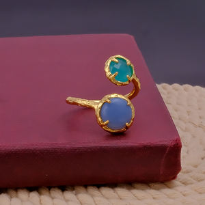 Anillo chapado en oro con banda abierta de Calcedonia de Perú de ópalo azul doble para mujer, anillos de piedras preciosas ajustables antideslustre hechos a mano - Product Image 3